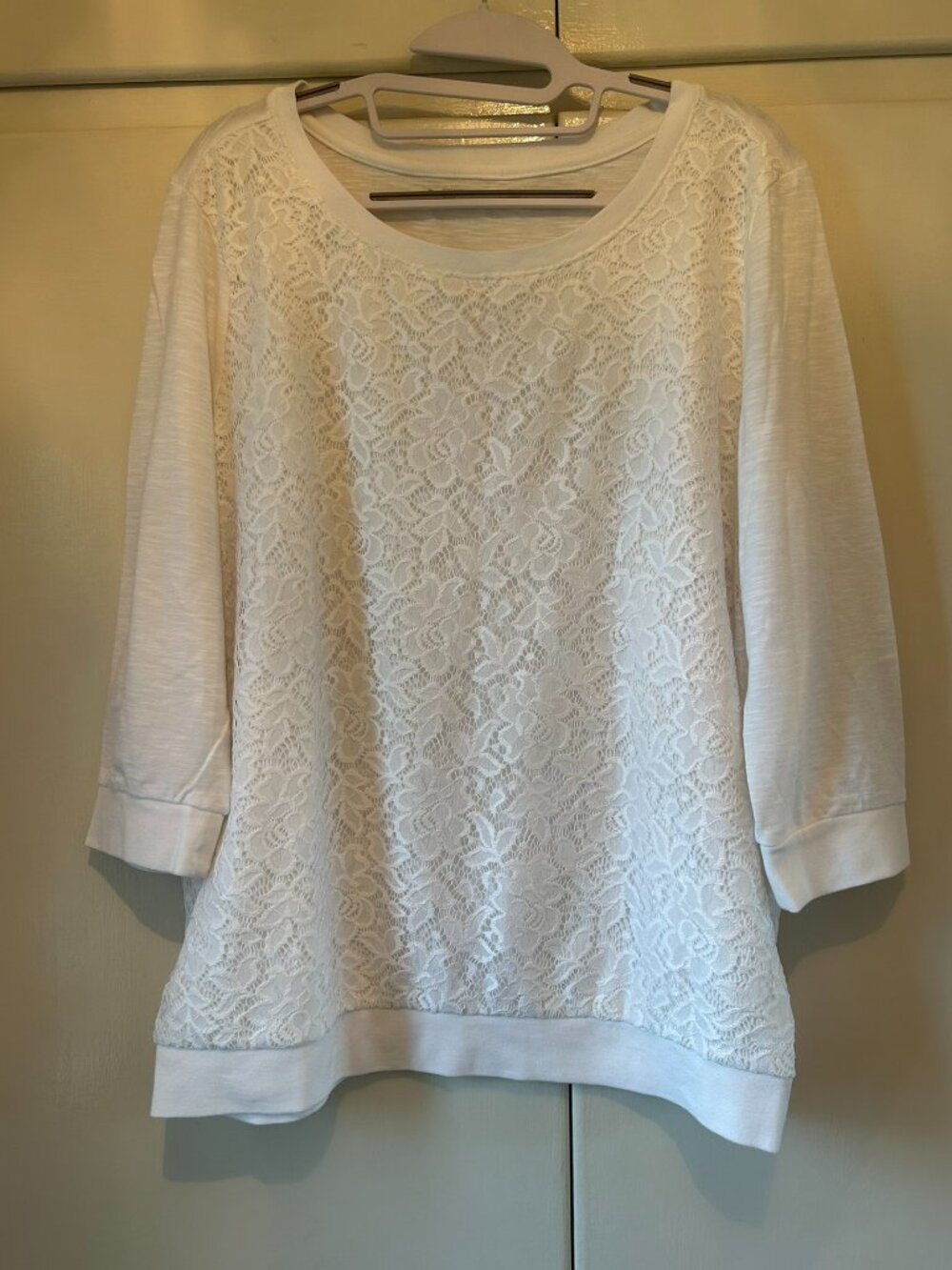 NR white three quarter sleeve top with floral lace overlay on front-Size XL
